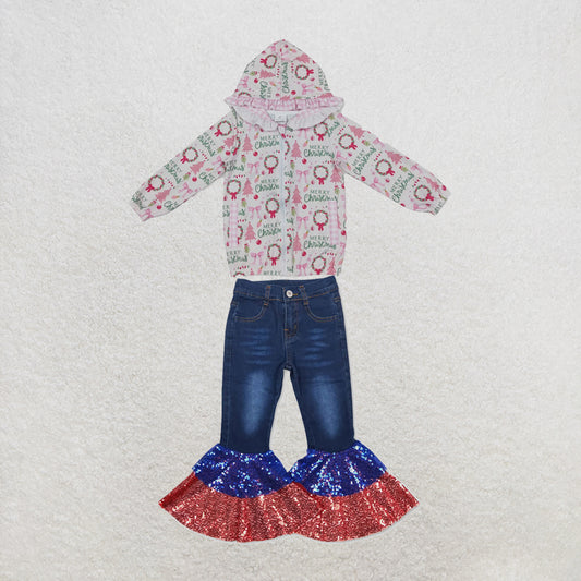 NEW RTS NO MOQ Denim GT1822+P0430 Baby Girls Pink Christmas Print Ruffle Hooded Zip Jacket Denim Sequin Bell Bottom Pants Jeans Set