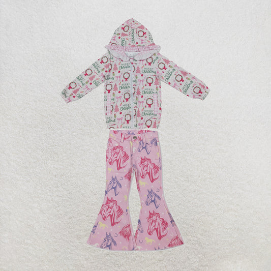 NEW RTS NO MOQ Denim GT1822+P0431 Baby Girls Pink Christmas Print Ruffle Hooded Zip Jacket Pink Western Horse Denim Pants Jeans Set