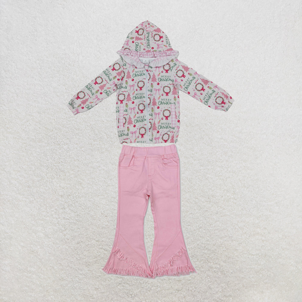NEW RTS NO MOQ Denim GT1822+P0463 Baby Girls Pink Christmas Print Ruffle Hooded Zip Jacket Pink Fringe Ruffle Denim Jeans Set