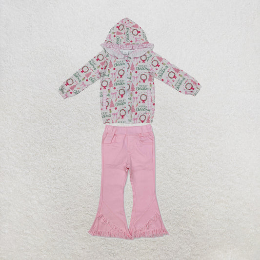 NEW RTS NO MOQ Denim GT1822+P0463 Baby Girls Pink Christmas Print Ruffle Hooded Zip Jacket Pink Fringe Ruffle Denim Jeans Set