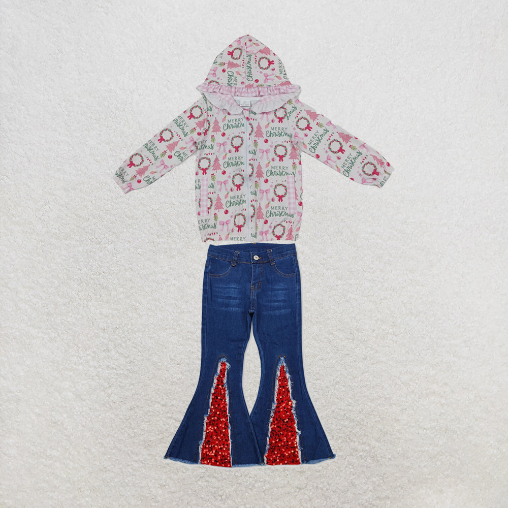 NEW RTS NO MOQ Denim GT1822+P0532 Baby Girls Pink Christmas Print Ruffle Hooded Zip Jacket Red Sequin Holiday Bell Flare Denim Pants Set