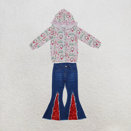 NEW RTS NO MOQ Denim GT1822+P0532 Baby Girls Pink Christmas Print Ruffle Hooded Zip Jacket Red Sequin Holiday Bell Flare Denim Pants Set