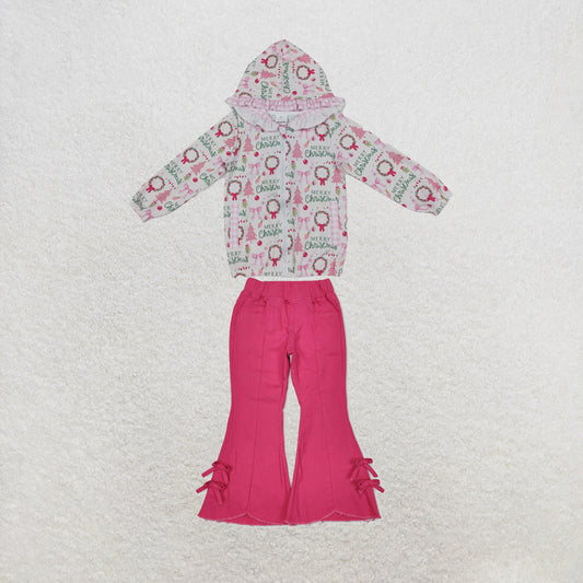 NEW RTS NO MOQ Denim GT1822+P0731 Baby Girls Pink Christmas Print Ruffle Hooded Zip Jacket Pink Bows Denim Flare Pants Jeans Set