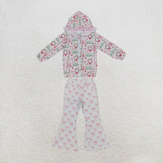NEW RTS NO MOQ Denim GT1822+P0732 Baby Girls Pink Christmas Print Ruffle Hooded Zip Jacket Pink Cute Bows Denim Flare Pants Jeans Set