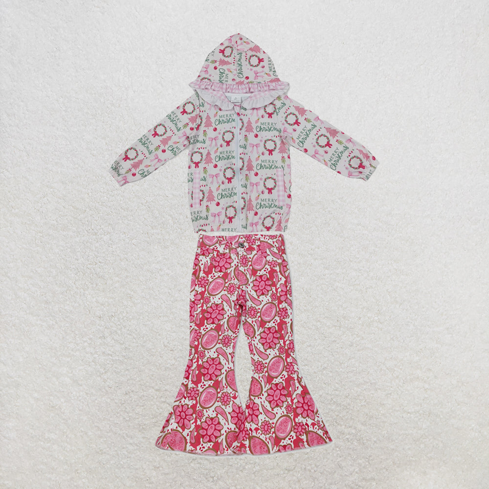 NEW RTS NO MOQ Denim GT1822+P0735 Baby Girls Pink Christmas Print Ruffle Hooded Zip Jacket Pink Turquoise Denim Flare Pants Jeans Sets
