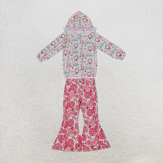 NEW RTS NO MOQ Denim GT1822+P0735 Baby Girls Pink Christmas Print Ruffle Hooded Zip Jacket Pink Turquoise Denim Flare Pants Jeans Sets