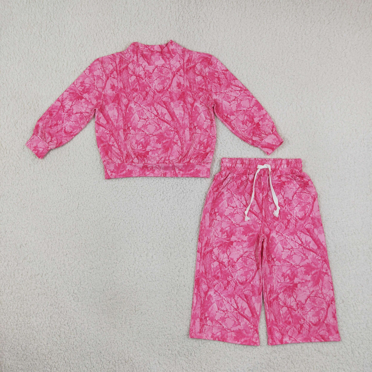 NEW RTS NO MOQ milk silk GLP3650(GT1823+P1137) Baby Girls Hot Pink Tree Camo Print Mock Neck Long Sleeve Sweatshirt Pants Casual Outfit Set