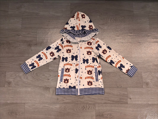 (Sample) No moq milk silk GT1825 Baby Girls Bows Team Print Zip Up Pockets Ruffle Hoodie Jackets Top