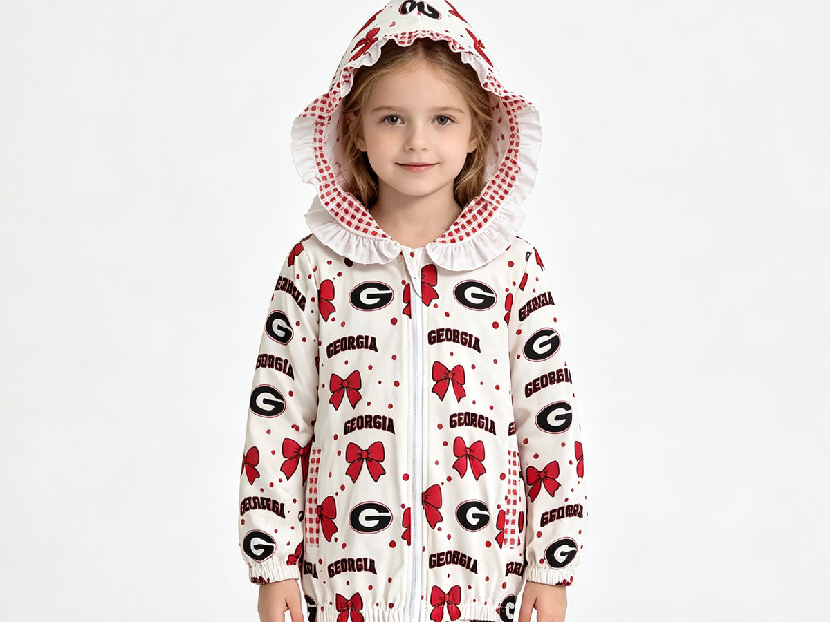 (Sample) No moq milk silk GT1831 Baby Girls Bows Zip Pockets Team Ruffle Hoodie Jackets Top Casual Top