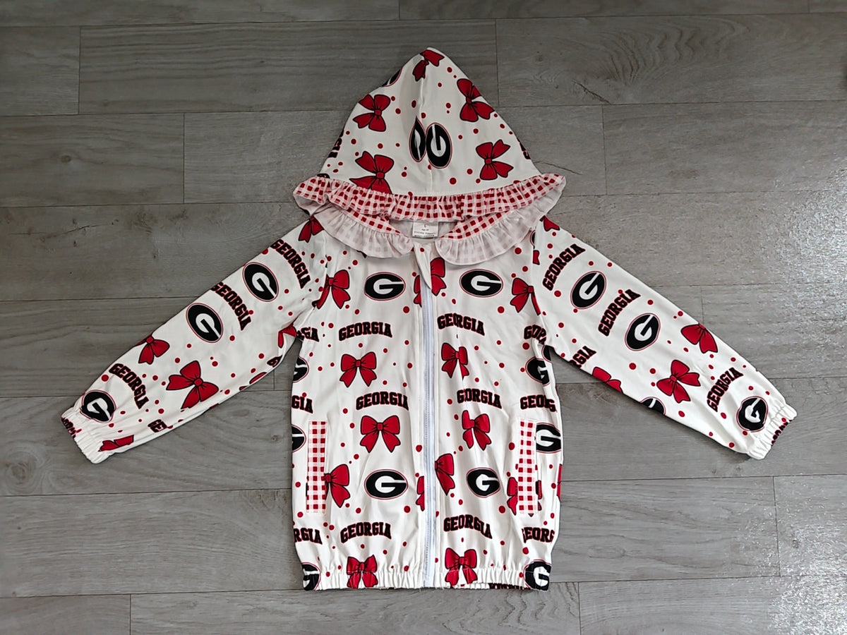 (Sample) No moq milk silk GT1831 Baby Girls Bows Zip Pockets Team Ruffle Hoodie Jackets Top Casual Top