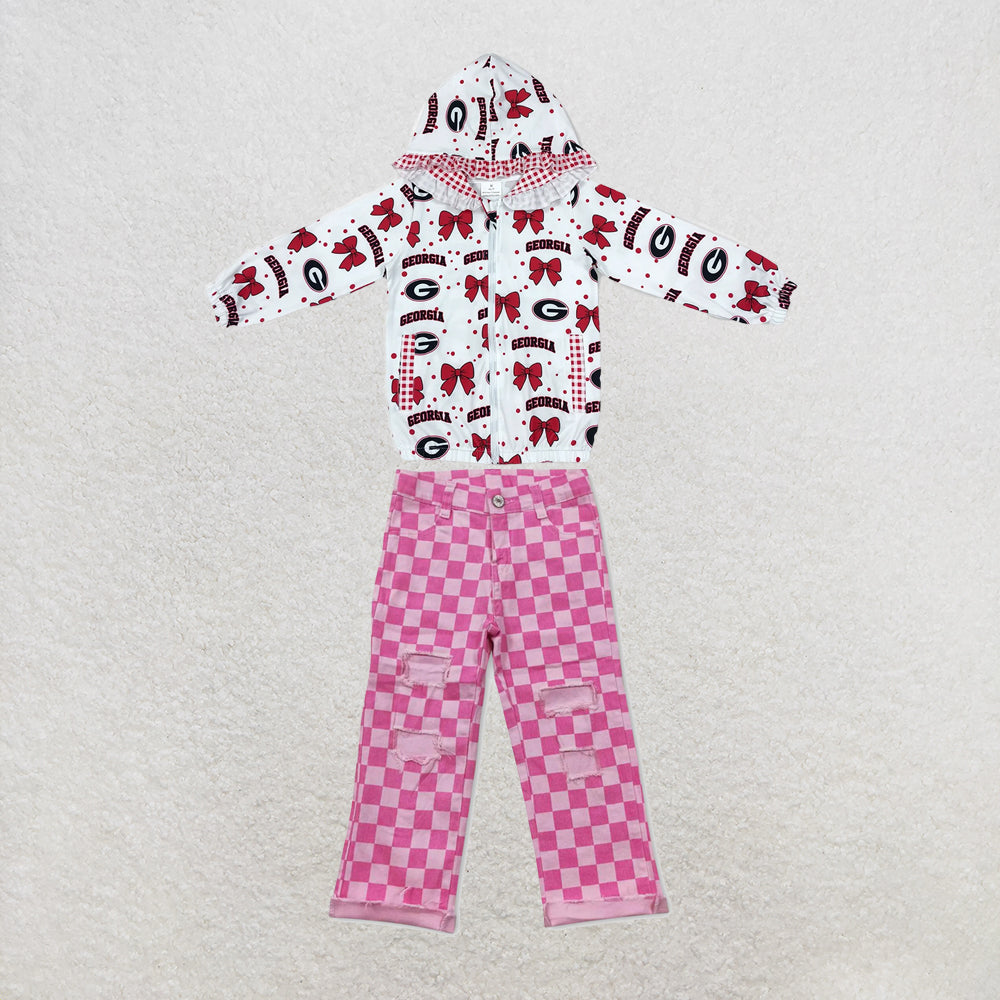 NEW RTS NO MOQ Denim GT1831+P0096 Baby Girls Bow Print Zip Pockets Team Ruffle Hoodie Jackets Top Checkered Denim Bell Bottom Pants Team Set