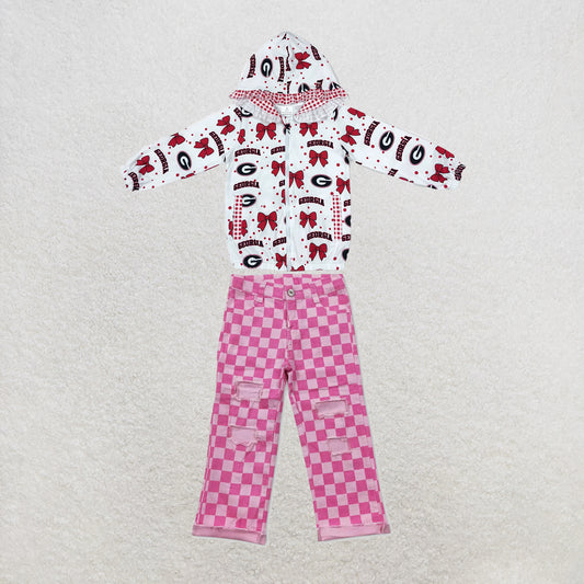 NEW RTS NO MOQ Denim GT1831+P0096 Baby Girls Bow Print Zip Pockets Team Ruffle Hoodie Jackets Top Checkered Denim Bell Bottom Pants Team Set