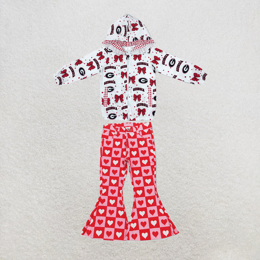 NEW RTS NO MOQ Denim GT1831+P0324 Baby Girls Bow Print Zip Pockets Team Ruffle Hoodie Jackets Top Red Pink Heart Checkered Denim Bell Bottom Pants Team Set