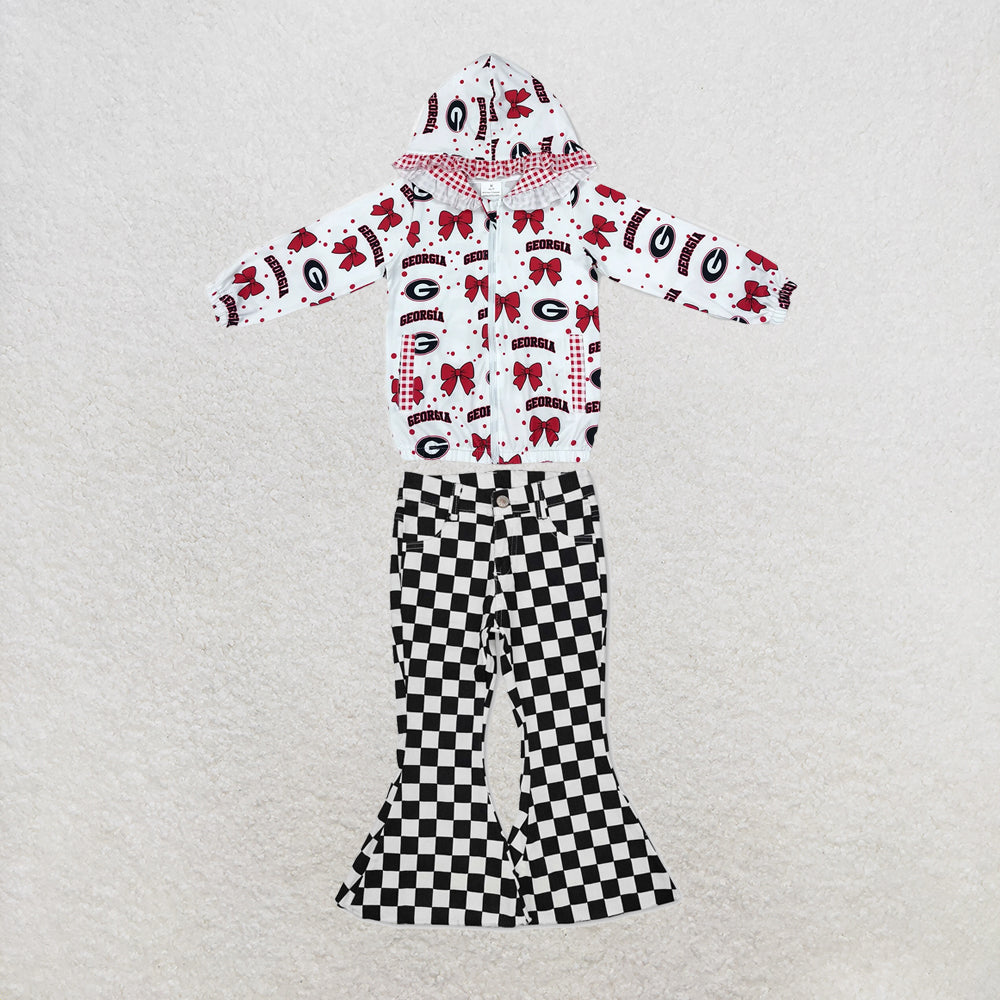 NEW RTS NO MOQ Denim GT1831+P0349 Baby Girls Bow Print Zip Pockets Team Ruffle Hoodie Jackets Top Black White Checkered Denim Bell Bottom Pants Team Set