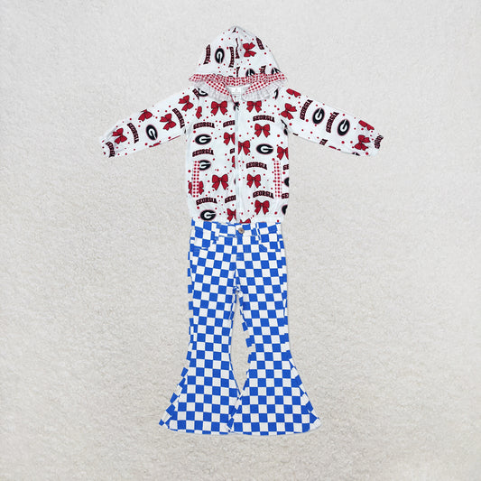 NEW RTS NO MOQ Denim GT1831+P0610 Baby Girls Bow Print Zip Pockets Team Ruffle Hoodie Jackets Top Blue White Checkered Denim Bell Bottom Pants Team Set
