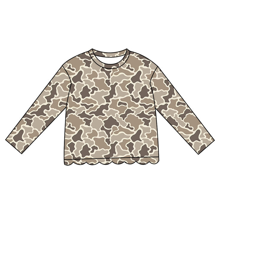 (Preorder new) No moq GT1834 Baby Girls Camo Print Long Sleeve Crew Neck Scallop Edge Trim Casual T Shirt Top