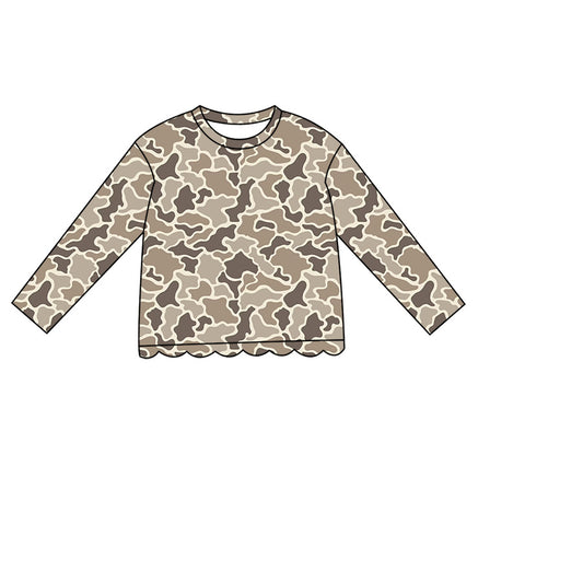 (Preorder new) No moq GT1834 Baby Girls Camo Print Long Sleeve Crew Neck Scallop Edge Trim Casual T Shirt Top