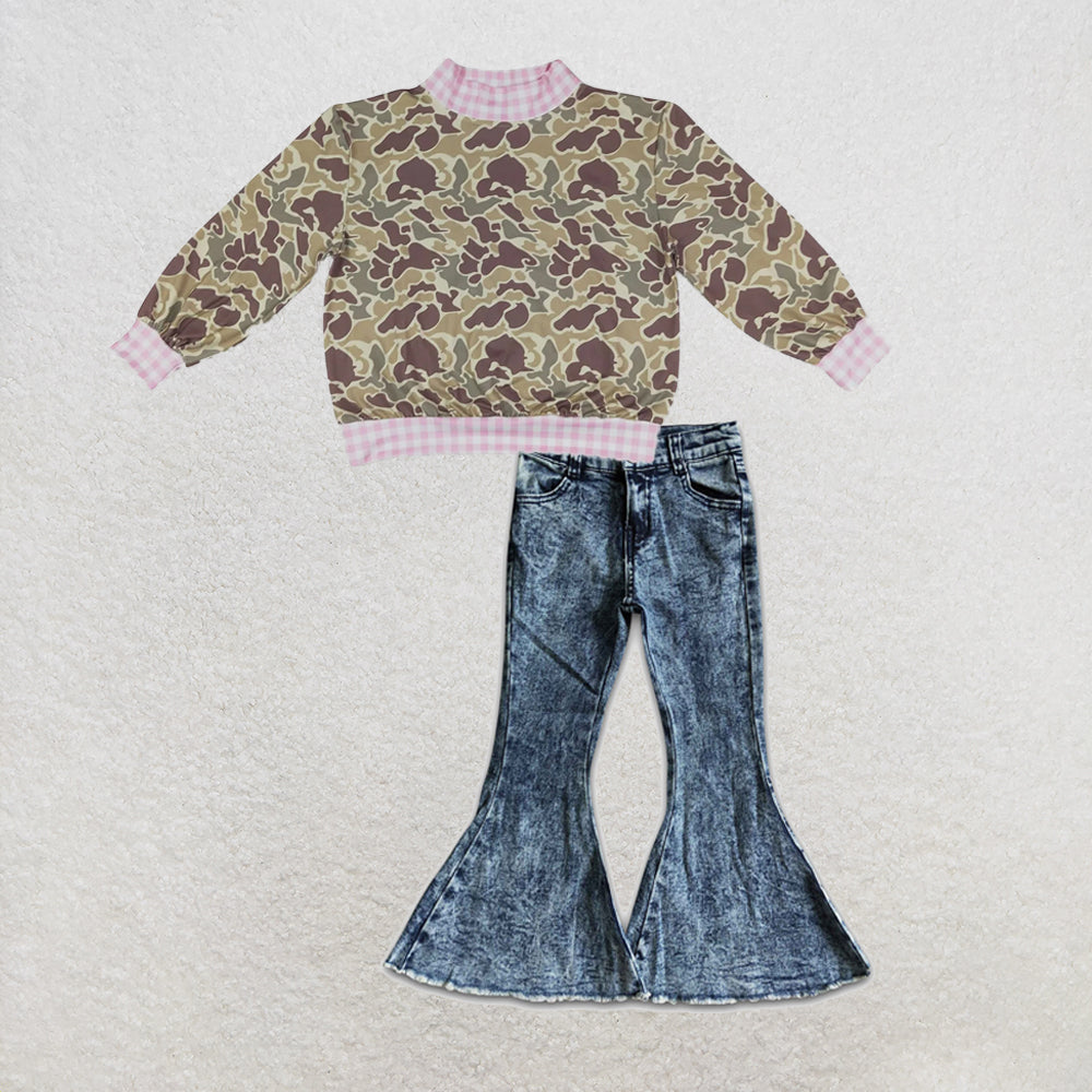 NEW RTS NO MOQ Denim GT1841+ P0008 High Neck Baby Girls Camo Print Pink Gingham Trim Top With navy Denim Pants Set