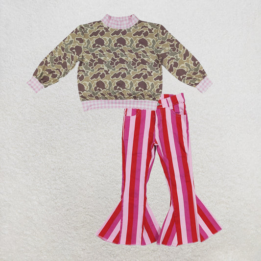 NEW RTS NO MOQ Denim GT1841+ P0043 High Neck Baby Girls Camo Print Pink Gingham Trim Top With Valentines Pink Stripe Denim Pants Set
