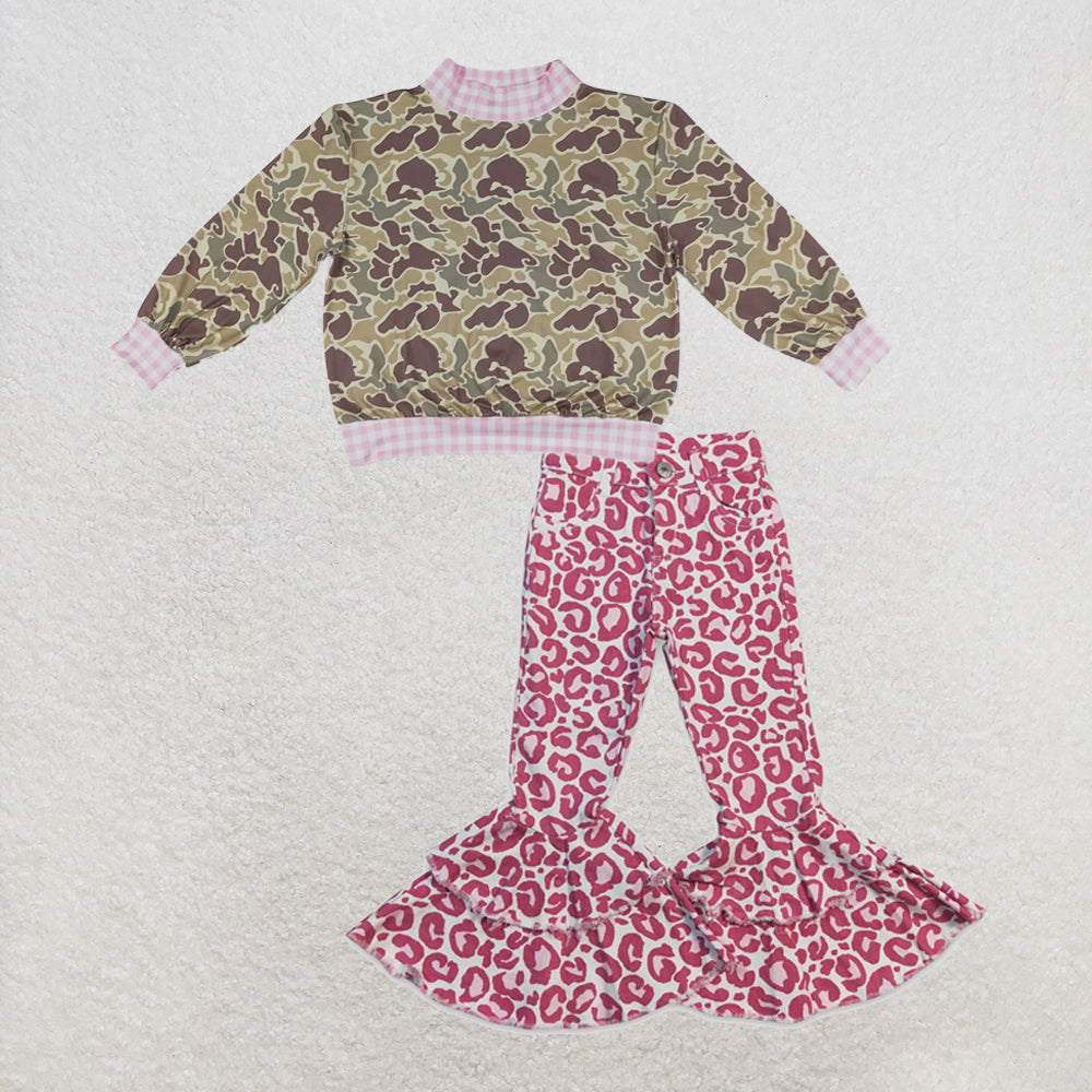 NEW RTS NO MOQ Denim GT1841+ P0044 High Neck Baby Girls Camo Print Pink Gingham Trim Top With Pink Leopard  Denim Pants Set