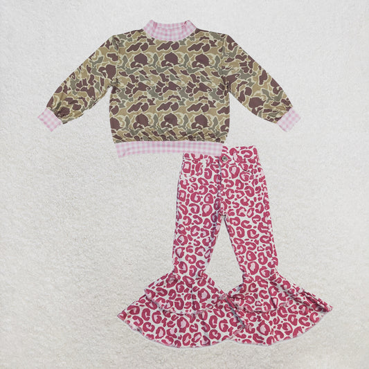 NEW RTS NO MOQ Denim GT1841+ P0044 High Neck Baby Girls Camo Print Pink Gingham Trim Top With Pink Leopard  Denim Pants Set