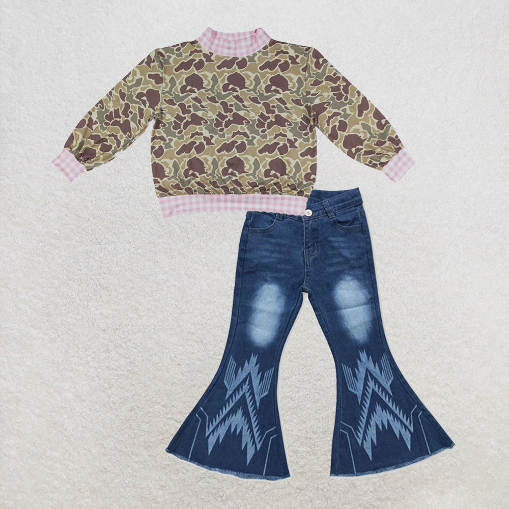 NEW RTS NO MOQ Denim GT1841+ P0126 High Neck Baby Girls Camo Print Pink Gingham Trim Top With Aztec Denim Pants Set