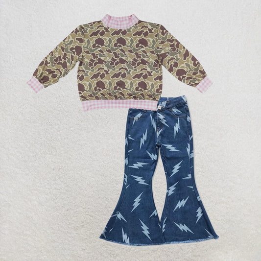 NEW RTS NO MOQ Denim GT1841+ P0128 High Neck Baby Girls Camo Print Pink Gingham Trim Top With Flash Denim Pants Set