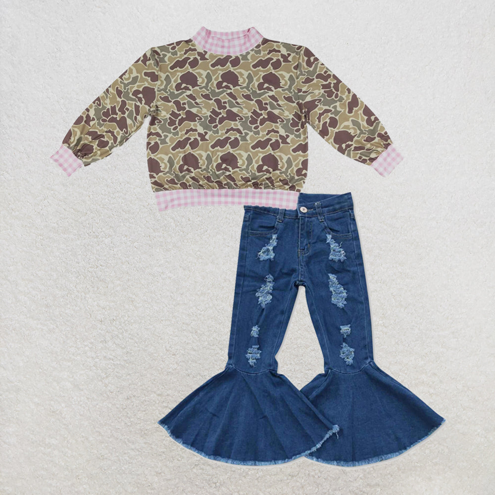 NEW RTS NO MOQ Denim GT1841+ P0133 High Neck Baby Girls Camo Print Pink Gingham Trim Top With Navy Distressed Denim Pants Set