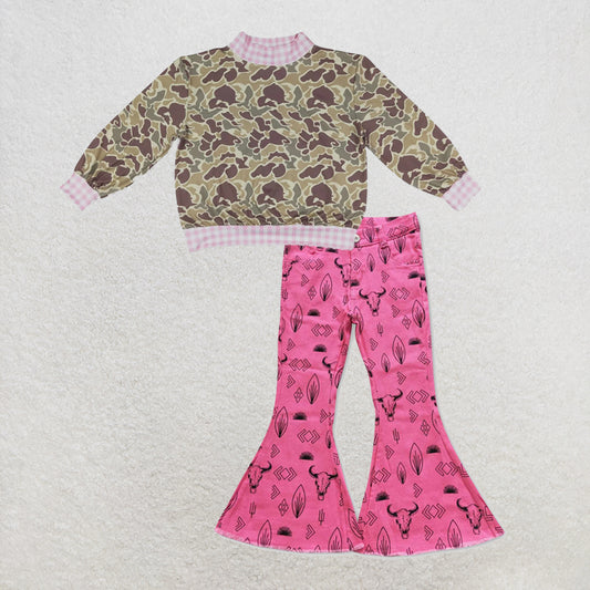 NEW RTS NO MOQ Denim GT1841+ P0159 High Neck Baby Girls Camo Print Pink Gingham Trim Top With Western Pink Cow Denim Pants Set