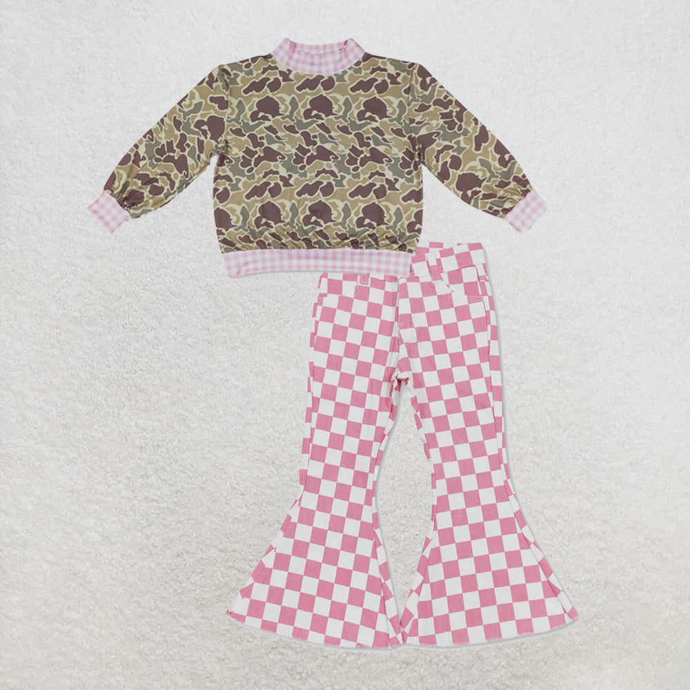 NEW RTS NO MOQ Denim GT1841+ P0348 High Neck Baby Girls Camo Print Pink Gingham Trim Top With Pink Stripes Valentines Denim Pants Set