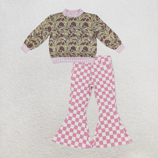 NEW RTS NO MOQ Denim GT1841+ P0348 High Neck Baby Girls Camo Print Pink Gingham Trim Top With Pink Stripes Valentines Denim Pants Set