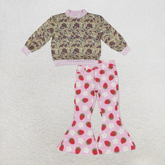 NEW RTS NO MOQ Denim GT1841+ P0396 High Neck Baby Girls Camo Print Pink Gingham Trim Top With Strawberry Flowers Denim Pants Set