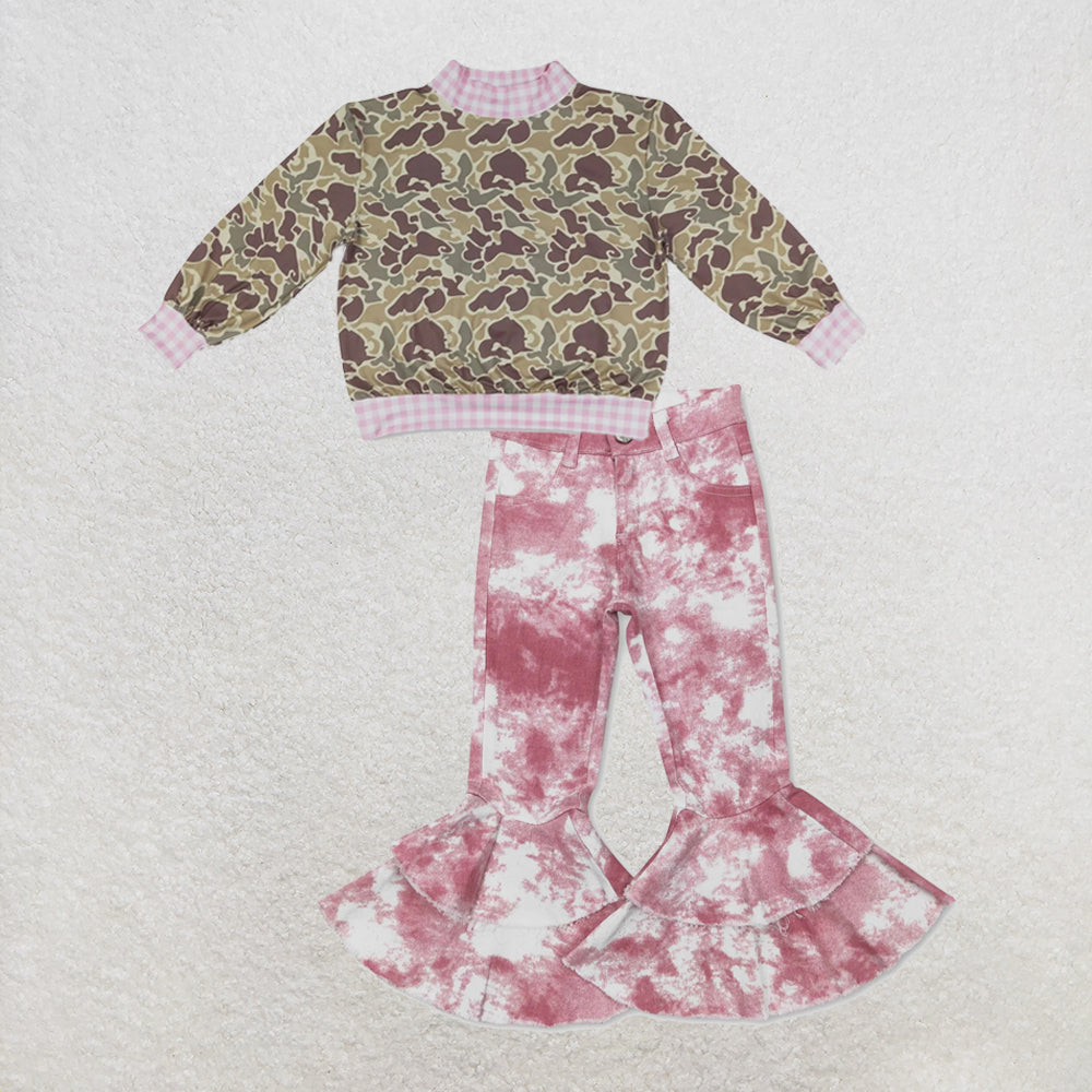 NEW RTS NO MOQ Denim GT1841+ P0399 High Neck Baby Girls Camo Print Pink Gingham Trim Top With Pink Tie Dye Double Ruffle Denim Pants Set