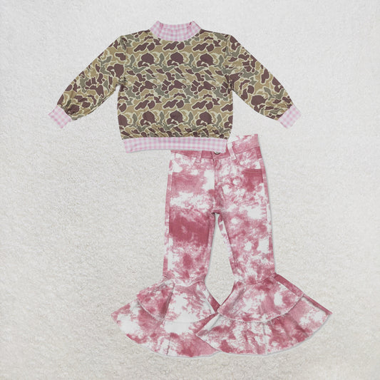 NEW RTS NO MOQ Denim GT1841+ P0399 High Neck Baby Girls Camo Print Pink Gingham Trim Top With Pink Tie Dye Double Ruffle Denim Pants Set