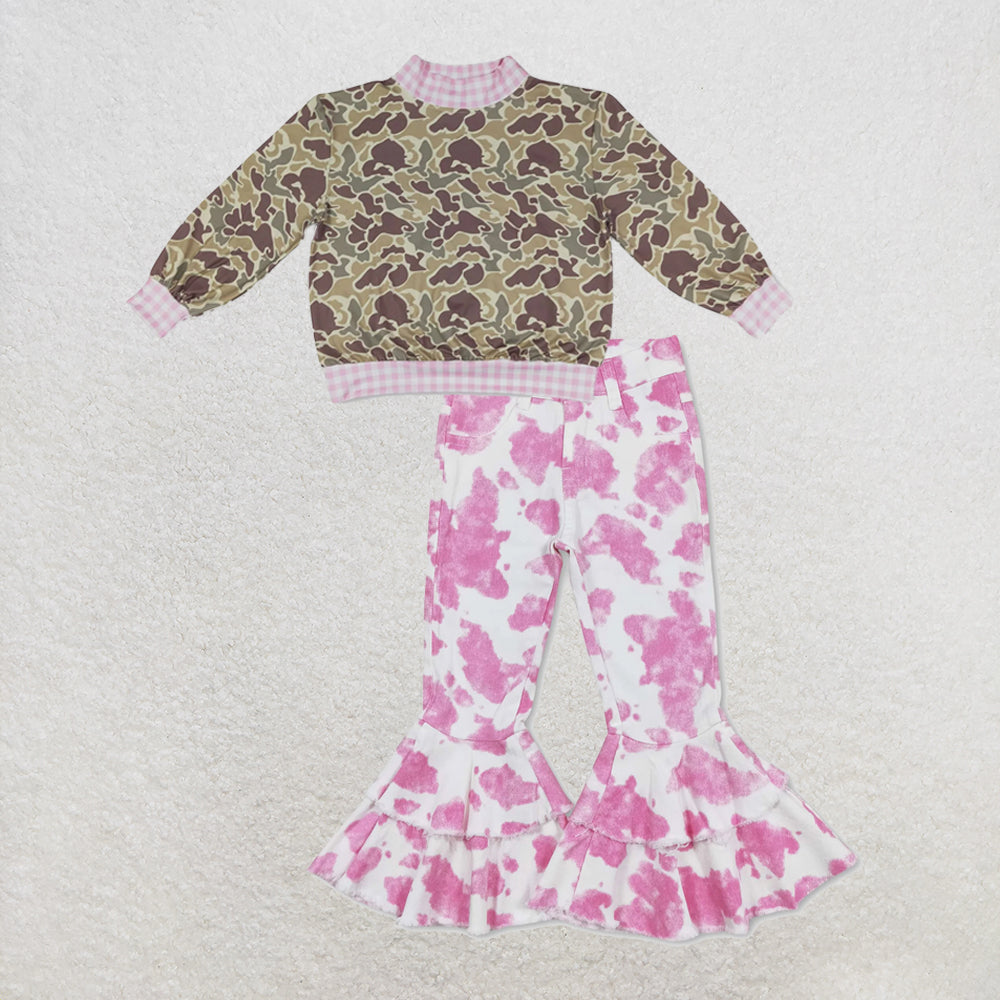 NEW RTS NO MOQ Denim GT1841+ P0406 High Neck Baby Girls Camo Print Pink Gingham Trim Top With Pink Cow Double Ruffle Denim Pants Set
