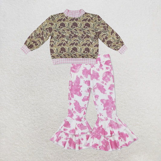 NEW RTS NO MOQ Denim GT1841+ P0406 High Neck Baby Girls Camo Print Pink Gingham Trim Top With Pink Cow Double Ruffle Denim Pants Set