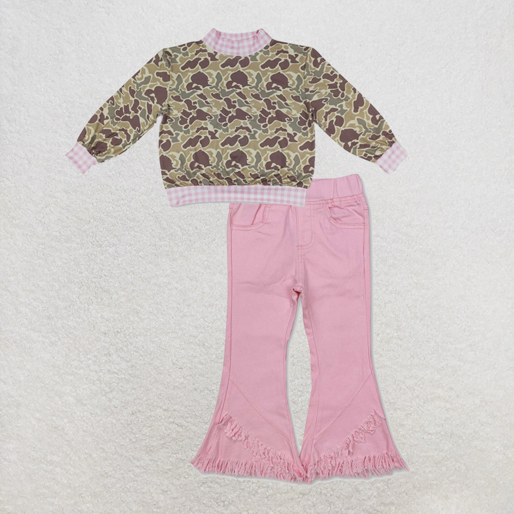 NEW RTS NO MOQ Denim GT1841+ P0463 High Neck Baby Girls Camo Print Pink Gingham Trim Top With Elastic Pink Fringe Ruffle Denim Jeans Set