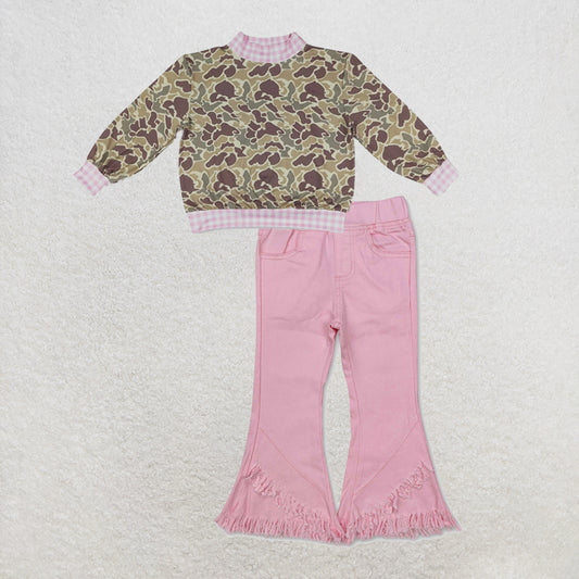 NEW RTS NO MOQ Denim GT1841+ P0463 High Neck Baby Girls Camo Print Pink Gingham Trim Top With Elastic Pink Fringe Ruffle Denim Jeans Set