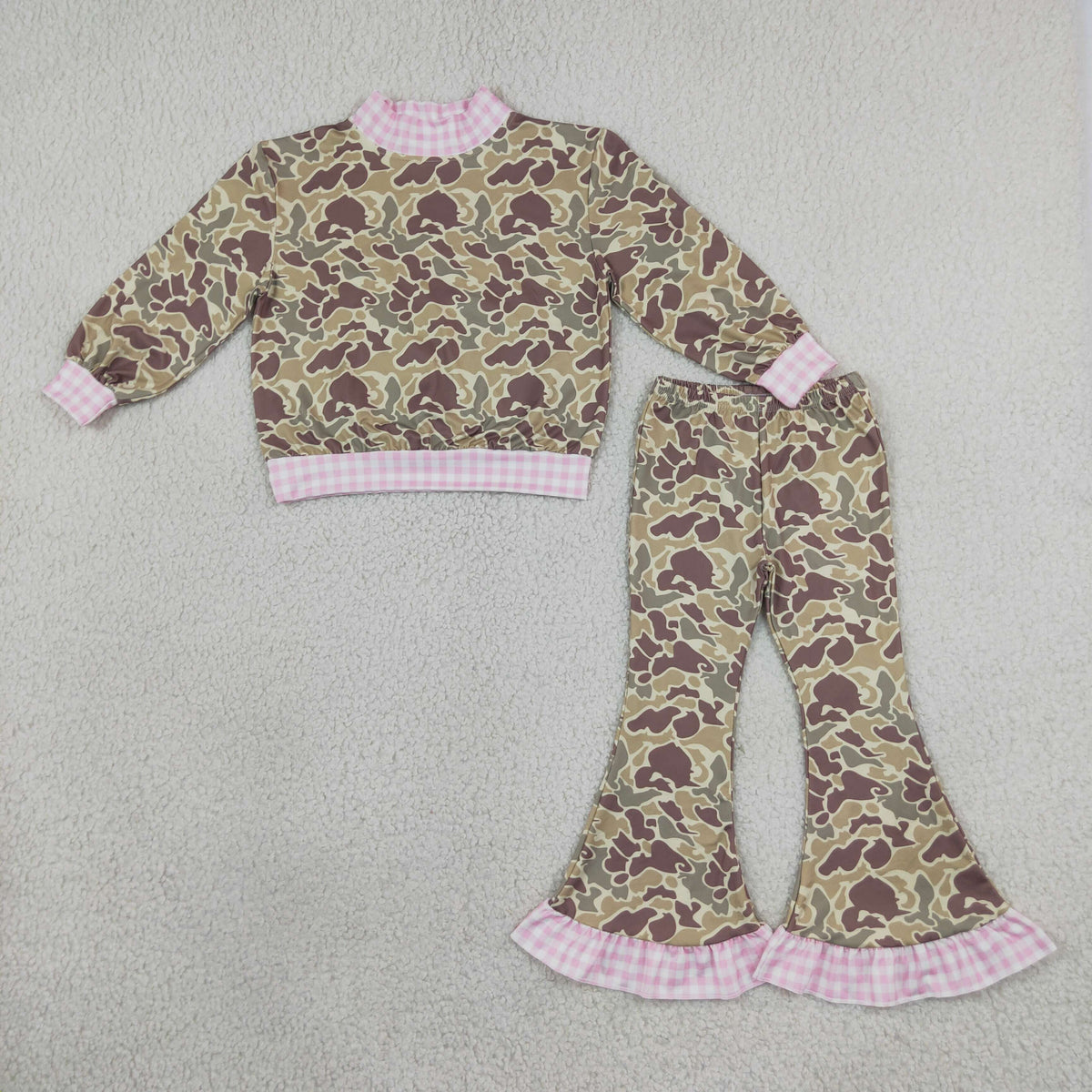 RTS NO MOQ Sibling milk silk High Neck Baby Girls Camo Print Pink Gingham Trim Long Sleeve Top Ruffle Bell Bottom Pant Clothes Set