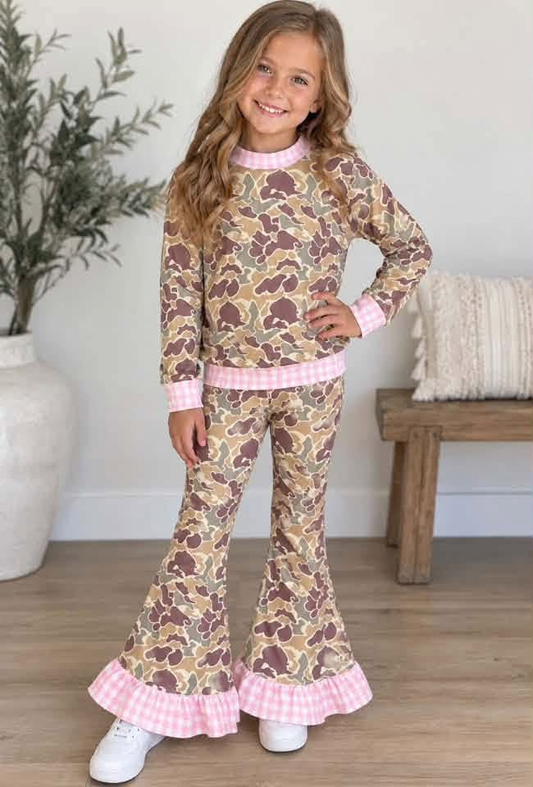 NEW RTS NO MOQ milk silk GLP3735（GT1841+P1183）Baby Girls Khaki Camo Top Bell Bottom Pant Outfit