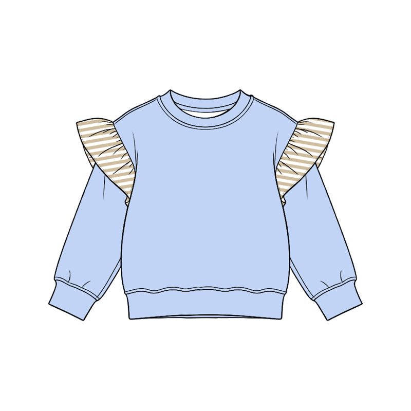 (Preorder new) No moq cotton fabric solid color Baby Girls stripe Flutter long sleeve sweater