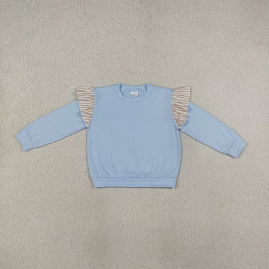 NEW RTS NO MOQ cotton GT1843 Baby Girls Solid Blue Long Flutter Sleeve T-shirts Casual Top