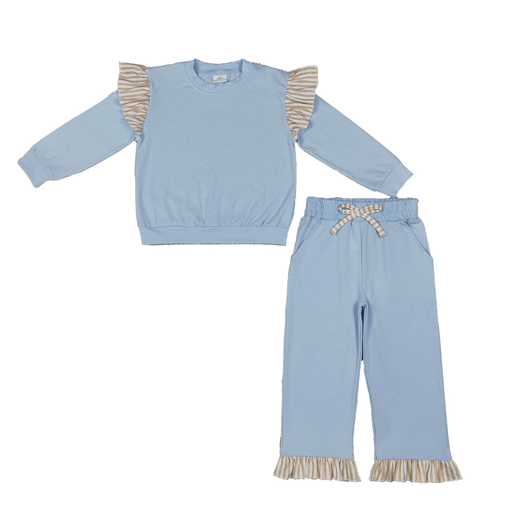 RTS NO MOQ Sibling cotton Baby Girls Solid Top Striped Ruffle Shoulder And Pant Hem Drawstring Pants Set