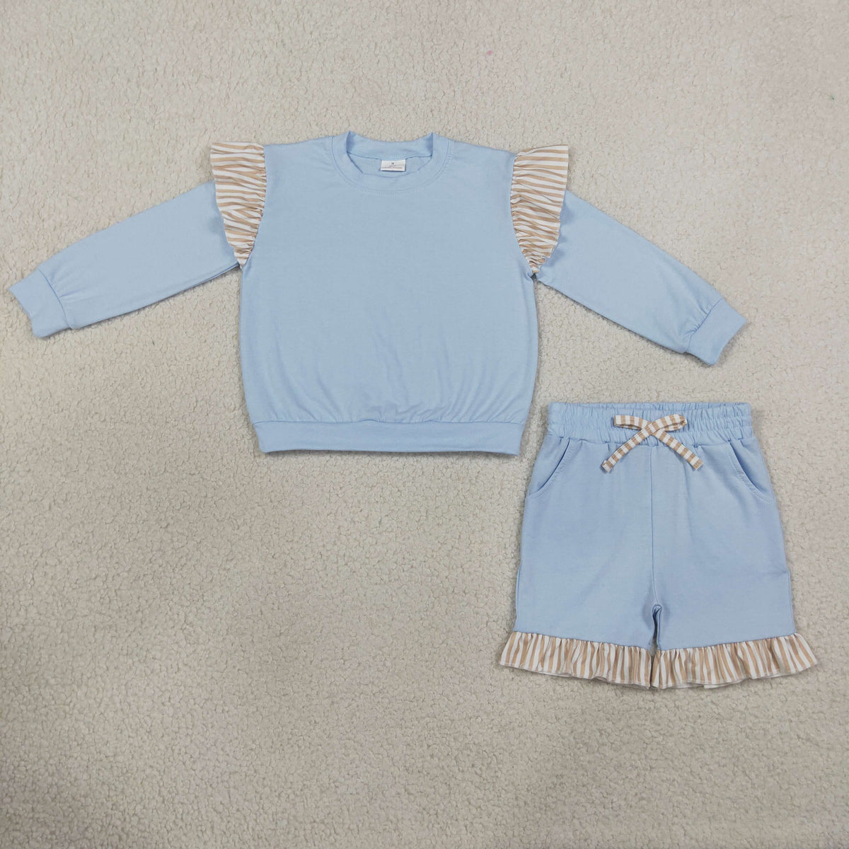 NEW RTS NO MOQ cotton GLS0216（GT1843+SS0995）Baby Girls Blue Stripe Flutter Sleeve Top Pockets Ruffle Short Clothes Set