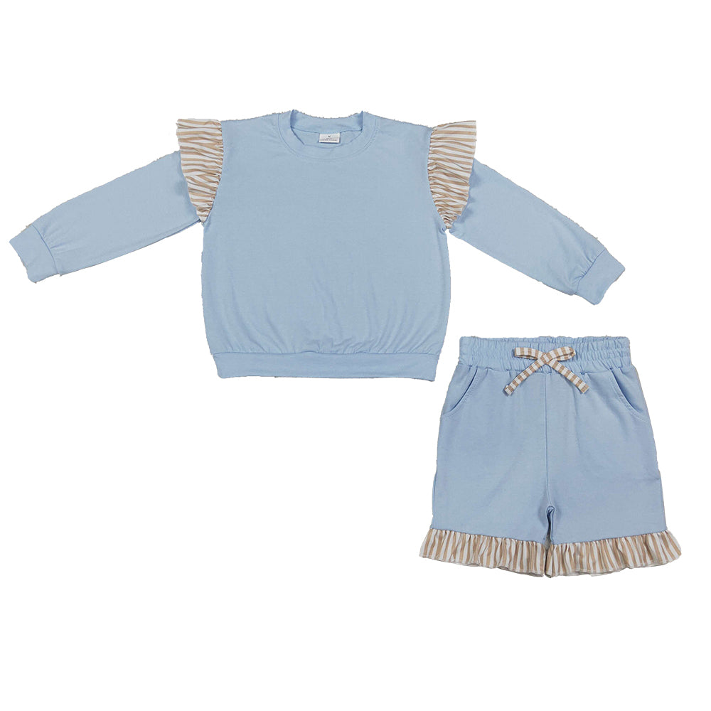 RTS NO MOQ Sibling cotton Baby Girls Solid Long Sleeve Top Striped Ruffle Shoulder And Short Set