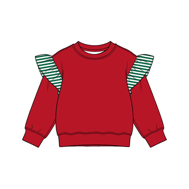(Preorder new) No moq cotton fabric solid color Baby Girls stripe Flutter long sleeve sweater