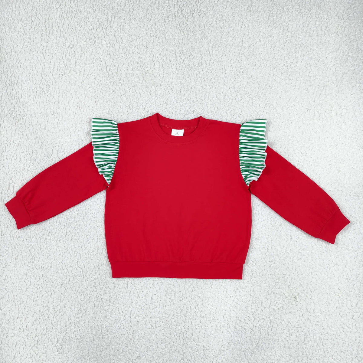 NEW RTS NO MOQ milk silk GT1844 Baby Girls Red Green Stripe Long Flutter Sleeve Casual T Shirts Top For Daily Wear