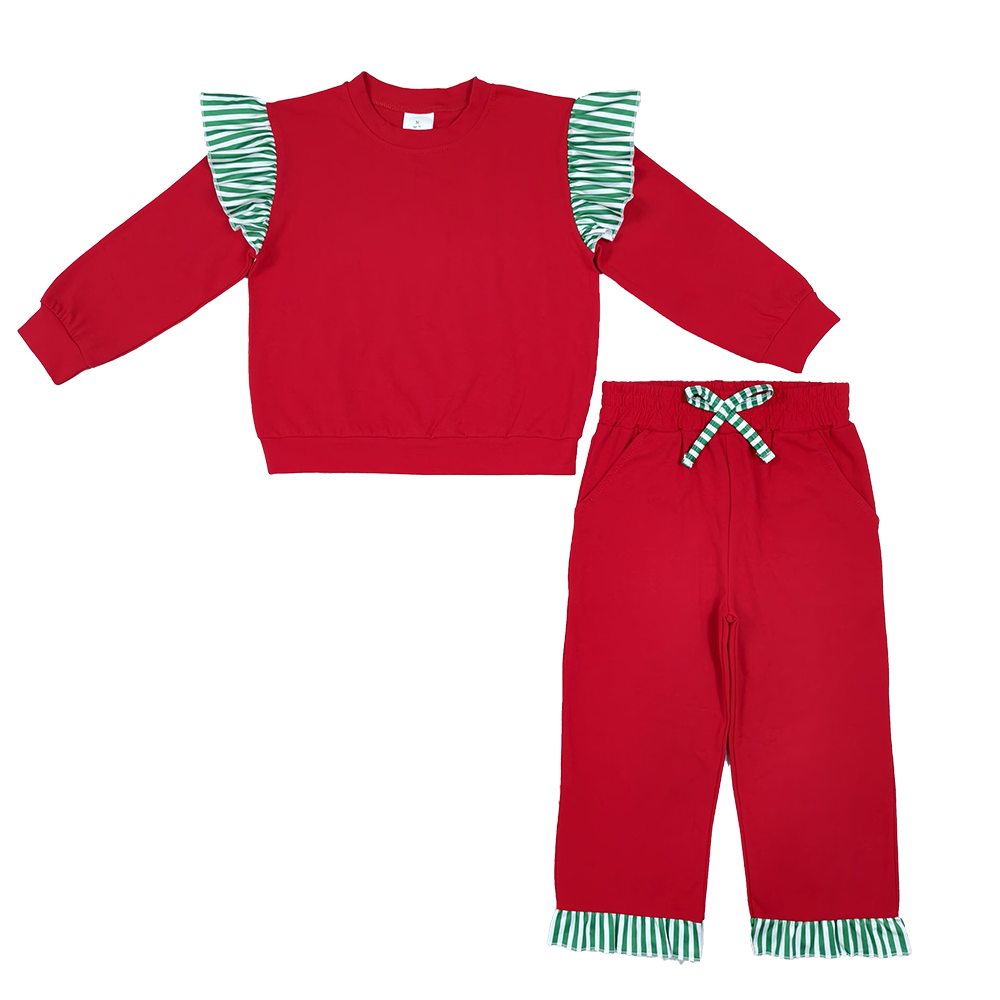 RTS NO MOQ Sibling cotton Baby Girls Holiday Ruffle Shoulder Top And Striped Hem Jogger Pants Set