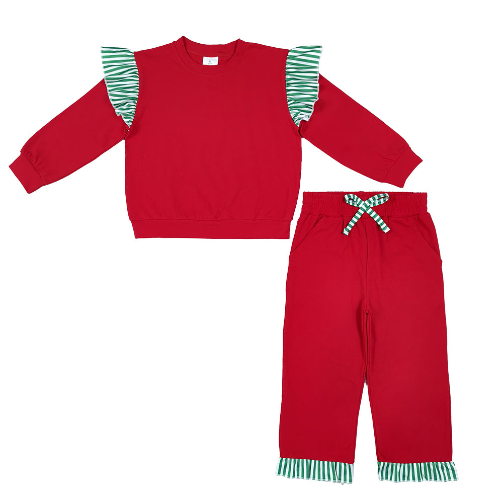 RTS NO MOQ Sibling cotton Baby Girls Solid Top Striped Ruffle Shoulder And Pant Hem Drawstring Pants Set