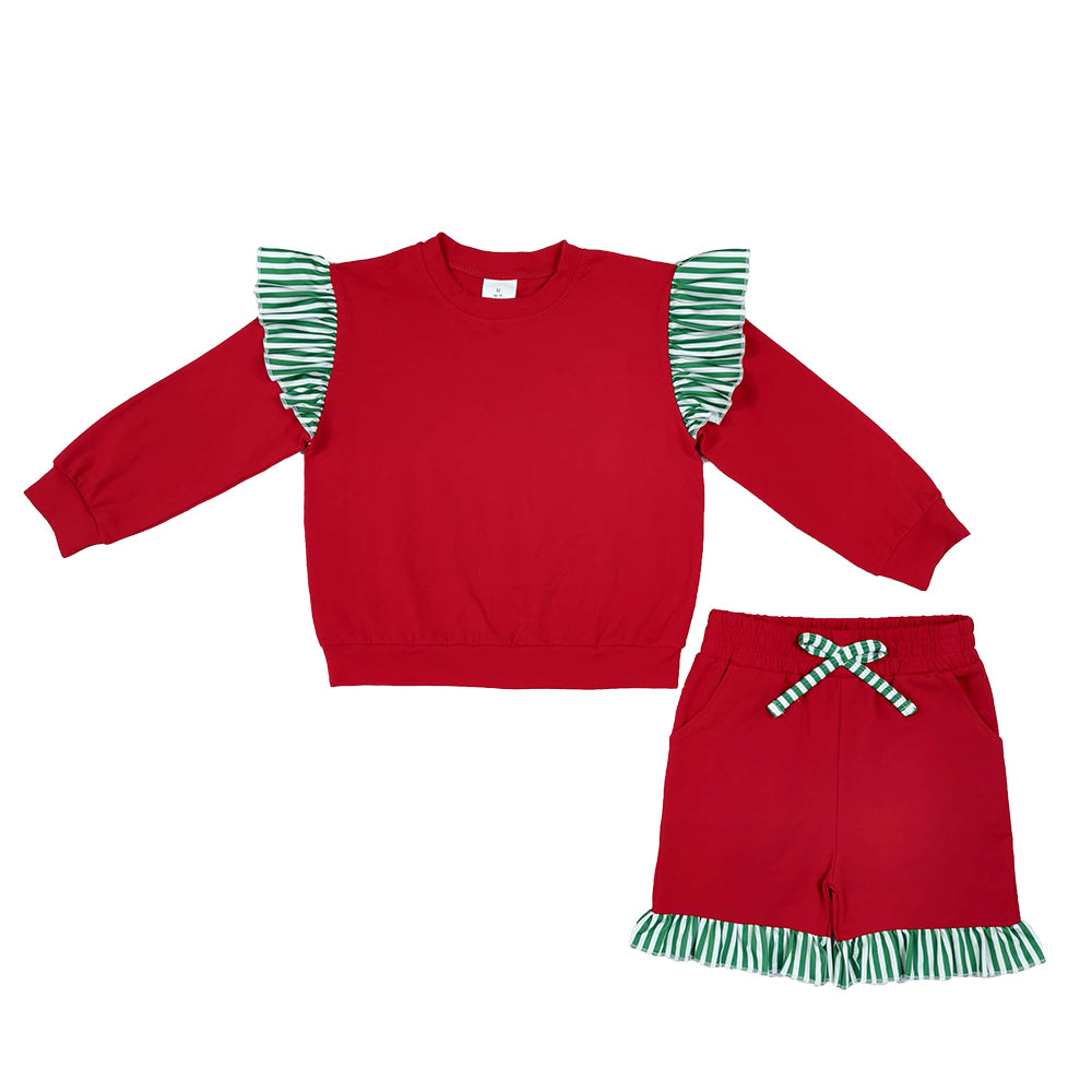 RTS NO MOQ Sibling cotton Baby Girls Solid Long Sleeve Top Striped Ruffle Shoulder And Short Set